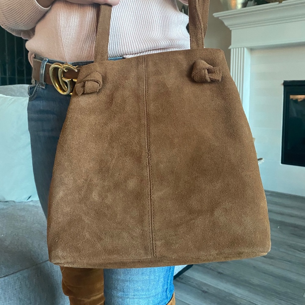 Suede camel colored handbag
